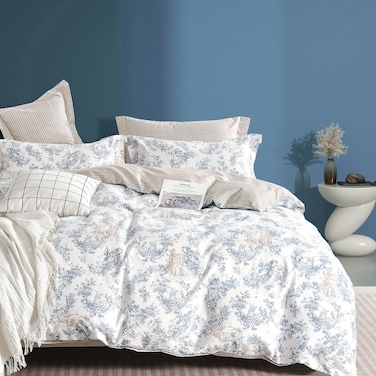 Cotton Floral Comforter Sets, Fits 160 x 200 cm Queen Size Bed, 5 Pcs, 100% Cotton 200 Thread Count, With Removable Filling, Grey Blue