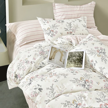 Cotton Floral Comforter Sets, Fits 160 x 200 cm Queen Size Bed, 5 Pcs, 100% Cotton 200 Thread Count, With Removable Filling, White