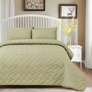 مفرش مضغوط مفرد ونص من المايكروفايبر، يناسب سرير بحجم 160 × 200 سم، 3 قطع، أخضر فاتح