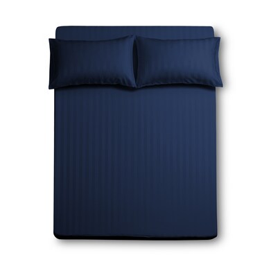 طقم شرشف مزدوج من الميكروفايبر، الحجم كينج 3 قطع، بتصميم خطوط فندقية، أزرق داكن