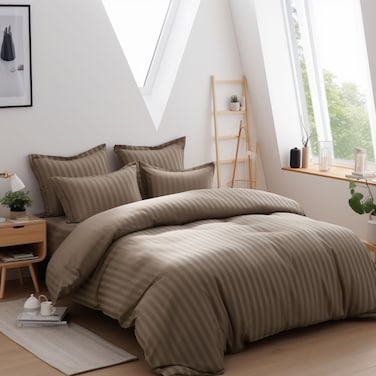 Cotton Hotel Comforter Sets, Fits 120 cm x 200 cm Size Bed, 5 Pcs Single Size, With Removable Filling, 100% Cotton, 240 Thread Count, Hotel Stripe Pattern, Brown
