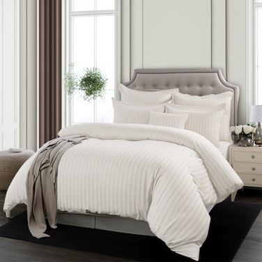 Cotton Hotel Comforter Sets, Fits 120 cm x 200 cm Size Bed, 5 Pcs Single Size, With Removable Filling, 100% Cotton, 240 Thread Count, Hotel Stripe Pattern, Cream