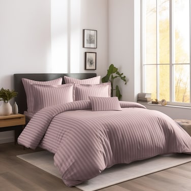 Cotton Hotel Comforter Sets, Fits 120 cm x 200 cm Size Bed, 5 Pcs Single Size, With Removable Filling, 100% Cotton, 240 Thread Count, Hotel Stripe Pattern, Purple Grey