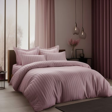 Cotton Hotel Comforter Sets, Fits 120 cm x 200 cm Size Bed, 5 Pcs Single Size, With Removable Filling, 100% Cotton, 240 Thread Count, Hotel Stripe Pattern, Purple Pink