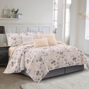 Microfiber Printed Comforter Sets, Fits 160 x 200 cm Queen Size Bed, 4 Pcs, With Soft Filling, Light Camel