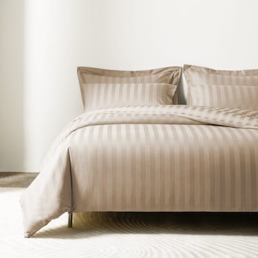 Cotton Hotel Duvet Cover Sets, Fits 120 cm x 200 cm Size Bed, 4 Pcs Single Size, 100% Cotton, 240 Thread Count, Hotel Stripe Pattern, Purple Camel