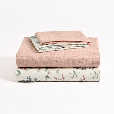 طقم غطاء لحاف قطن مزهر من، يناسب سرير بحجم مفرد 120 × 200 سم، مصنوع من قطن بجودة 200 خيط في البوصة، طقم من 4 قطع بسحاب واربطة داخلية جانبية، وردي