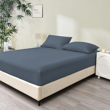 Queen 100% Rayon Of Bamboo Cooling Fitted Sheet, Fitted Sheet With Elastic 160x200+35 cm, Breathable Silky Soft, Queen Size 3 Pieces, Blue Grey