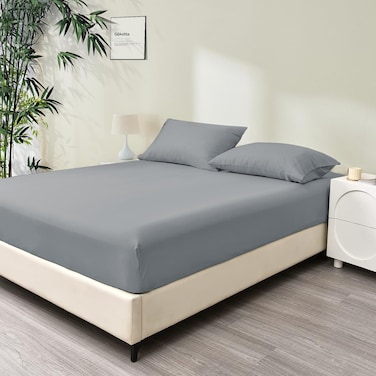 شرشف سرير ملكي من ألياف البامبو الباردة 100 %، شرشف مزود بشريط مطاطي 200*200+ 35 سم، ناعم كالحرير قابل للتنفس، مقاس ملكي  3 قطع، رمادي
