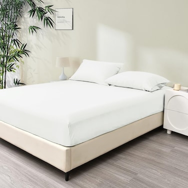 Single 100% Rayon Of Bamboo Cooling Fitted Sheet, Fitted Sheet With Elastic 120x200+30 cm, Breathable Silky Soft, Single Size 2 Pieces, Ivory
