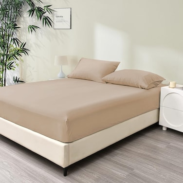 شرشف سرير ملكي من ألياف البامبو الباردة 100 %، شرشف مزود بشريط مطاطي 200*200+ 35 سم، ناعم كالحرير قابل للتنفس، مقاس ملكي  3 قطع، بني فاتح