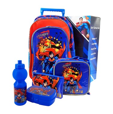 DC Superman 5 in 1 School Set, 18 Inch Trolley Bag with Lunch Bag, Pencil Case, Water Bottle, and Lunch Box