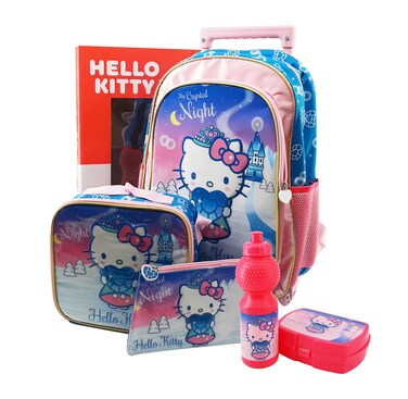 HELLO KITTY 5 in 1 School Set, 16 Inch Trolley Bag with Lunch Bag, Pencil Case, Lunch Box, and Water Bottle