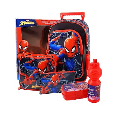 MARVEL Spider-Man 5 in 1 School Set, 16 Inch Trolley Bag with Lunch Bag, Pencil Case, Lunch Box, and Water Bottle