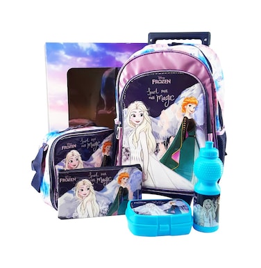 Disney Frozen Elegant 5 in 1 School Set, 16 Inch Trolley Bag with Lunch Bag, Pencil Case, Lunch Box, and Water Bottle