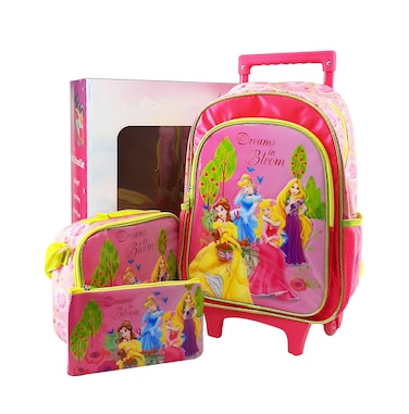 Disney Princess 5 in 1 School Set, 16 Inch Trolley Bag with Lunch Bag, Pencil Case, Lunch Box, and Water Bottle