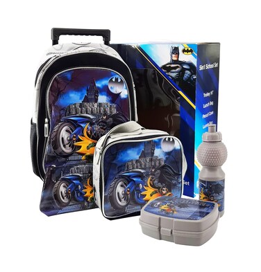 دي سي مجموعة مدرسية أنيقة 5 في 1 من دي سي باتمان، حقيبة بعجلات مقاس 16 بوصة مع حقيبة غداء ومقلمة وصندوق غداء وزجاجة مياه