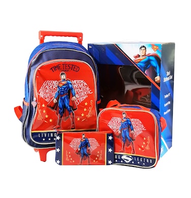مجموعة سوبرمان المدرسية 3 في 1، حقيبة بعجلات مقاس 16 بوصة مع حقيبة غداء ومقلمة