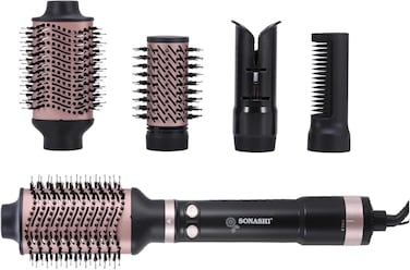 سوناشي مصفف شعر بالهواء الساخن 5 في 1   1200 واط   3 سرعات ودرجات حرارة   فرشاة فرد وتجعيد وبيضاوية مع فوهة وفرشاة دوّارة   سلك دوّار 360°   محرك DC   SHS-2092 أسود/ذهبي