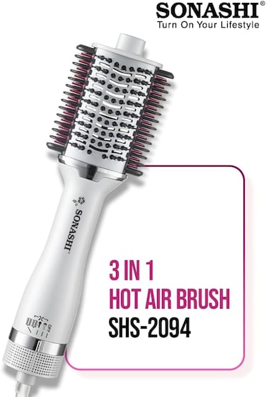 فرشاة هواء ساخن 3 في 1 من سوناشي SHS-2094   برميل سيراميك بيضاوي، مؤشر LED لمكواة فرد الشعر، مشط PTC للتسخين السريع   2 إعدادات حرارة، سرعتان، محرك 1200 واط، وسلك دوار 360°   أبيض