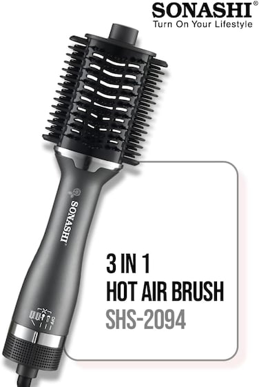 فرشاة هواء ساخن 3 في 1 من سوناشي SHS-2094   برميل سيراميك بيضاوي، مؤشر LED لمكواة فرد الشعر، مشط PTC للتسخين السريع   2 إعدادات حرارة، سرعتان، محرك 1200 واط، وسلك دوار 360°   أسود