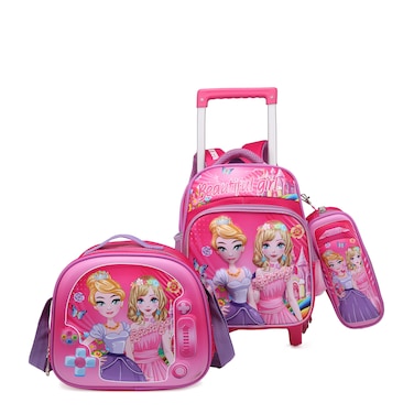 STARGOLD Baby Backpack 3Pcs For Baby Girls 1 lunch 1 Pencil Box And 1 Bag With Adjustable Strap For School 2 Wheels 12 Inch