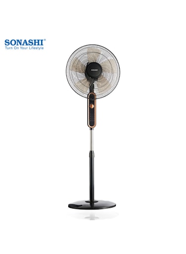 16 Inch Stand Fan With 3 Speeds   Low Noise Motor With Oscillation Function   Height Adjustable Design With 5 Transparent Blades, And Korea Guard Ring SF-8025S Black