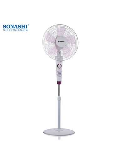 16 Inch Stand Fan With 3 Speeds   Low Noise Motor With Oscillation Function   Height Adjustable Design With 5 Transparent Blades SF-8026S White