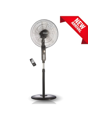 16 Inch Stand Fan - 3 Speeds With Remote Control   Low Noise Motor With Oscillation Function   Height Adjustable Design With 5 Transparent Blades   7 Hours Timer SF-8027SR Black