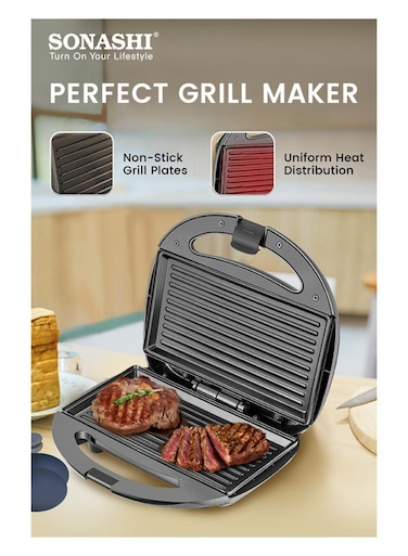 2 Slice Grill Maker &ndash; Non-Stick, Stainless Steel Sandwich Maker with Handle Locking System, Indicator Light, Overheat Protection 750 W SGT-853N Black/Silver