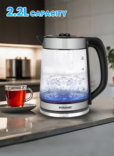 2.2 L Cordless Kettle - Glass Kettle with Safety Lock Lid   360-degree Swivel Base - Auto Shutdown, Power On/Off Indicator Light Feature   Instant Water Heater And Tea Maker 1500 W SKT-1809N Silver