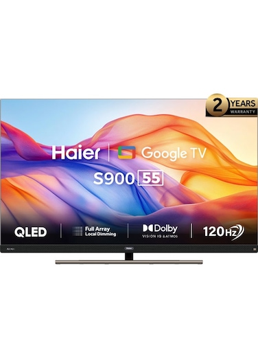 Haier 55 Inch QLED 4K UHD Smart Google TV, Front Speaker, Dolby Vision IQ &amp; ATMOS, Native 120Hz Refresh Rate, Full Array Local Dimming, HDR 10, Game Mode, Metallic Bezel-less Design, H55S900UX, Black