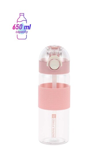 650ml Water Bottle RF12357 with Straw Transparent Plastic Bottles with Push Button, One Hand Operation Perfect for School, Office and Gym Leak-Proof and Food-Grade Assorted 650ml