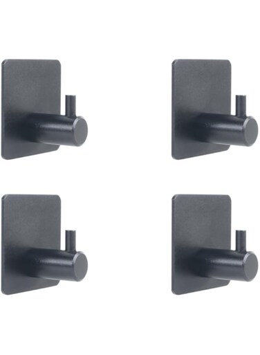 [YNOBUN] Square Bathroom Hooks Aluminium Waterproof Self-Adhesive Heavy Duty Towel Hooks Wall Mounted Hooks for Hanging Towels, Coats, Keys and Home Kitchen Utensils, Set of 4 (Black)