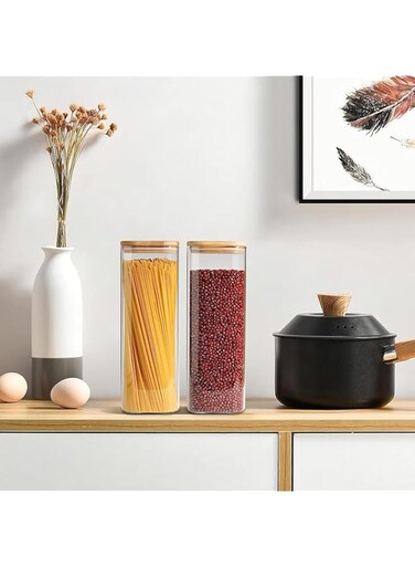 Mash 2-Piece Kitchen Food Storage Square Glass Canister Jar With Airtight Bamboo Lid For Cereals, Pasta, Tea, Coffee, Snacks, And Spices - 1500 ML Transparent