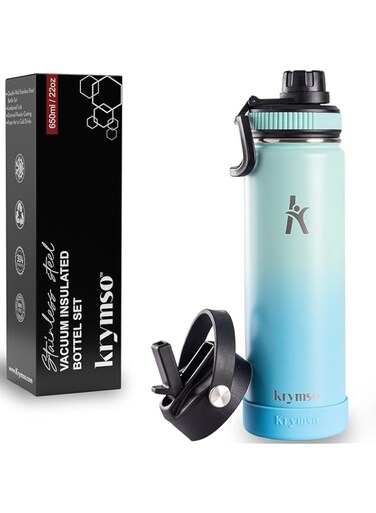 KRYMSO, 650ml KRYMSO, Stainless Steel Water Bottle, Sports bottle with Straw, Insulated Water Bottle, Thermos Flask, Hot Water bottle for kids, Gym (Aqua Sky, 650ml / 22oz)