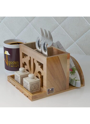 Wooden Twist Neos Teak Wood Cutlery and Tissue Holder ( Natural )