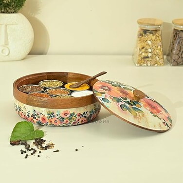 Wooden Pastel Flora Enamel Coated Masala Box for Kitchen   Spice Box   Spice Jars   Spice Rack &amp; Masala Dani Organizer Storage Box with 7 Containers and 1 wooden spoon (8.3x4.2 inch)