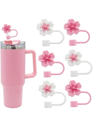EXCEFORE Straw Covers Cap Toppers, 6 Pcs Straw Cover for Stanley Cup, Silicone Straw Covers Cap Reusable Drinking Straw Topper Compatible, for Stanley Cups Accessories (0.4in, Flower, 2 Colors)