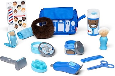 Melissa &amp; Doug Barber Shop Play Set 16-Piece Pretend Play Grooming Kit With Trimmer, Scissors, Clippers, Styling Products, Towel &amp; Carrying Bag Toy for Kids Ages 3+, MD31810