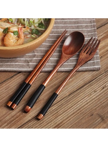 Quality 3pcs Japanese-Style Stylish Wooden Tableware Set, With Spoon, Chopsticks &amp; Fork
