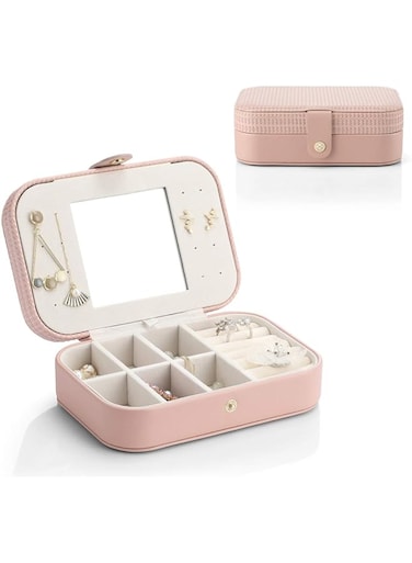 Vlando Travel Jewelry Case Box Women PU Leather 2 Layer Jewelry Organizer Holder for Necklace Earring Rings-Weaving Pink