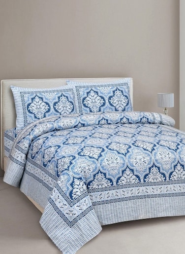 Blue Ethnic Motifs Cotton 180 TC King Fine Bedsheet with 2 Pillow Covers
