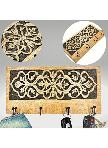Souq DESIGNS Wooden Key Holder with Metal Hooks - Key Holder for Wall, Key Hooks, Wall Hooks, Command Hooks, Heavy Duty Wall Hooks, Key Organiser, Wall Key Holder, Kitchen Hooks (Ebony Hooks)