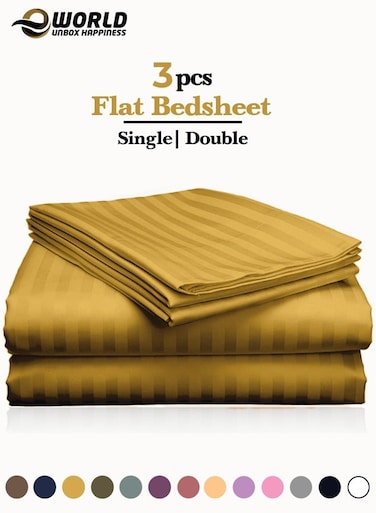3 Piece Luxury Gold Striped Bed Sheet Set with 1 Flat Sheet and 2 Pillowcases for Hotel and Home Crafted from Ultra Soft and Breathable Microfiber for Year-Round Comfort, (Single/Double)