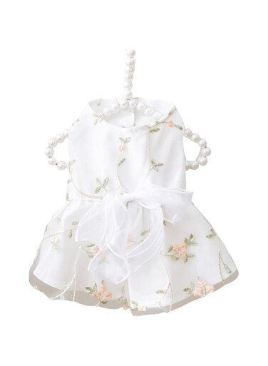 BIECWIAY Dog Dress Dog Princess Dresses Outfit Puppy Dog Skirt Lace Shining Embroiderd Bowknot Pet Clothes Girl for Wedding Birthday Party Cat Apparel, White Chiffon