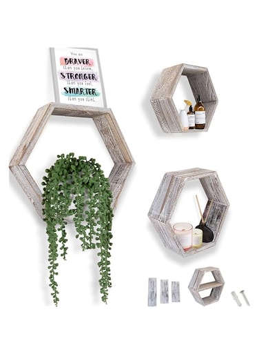 BPA Rustic Wall Mounted Hexagonal Floating Shelves &ndash; Set of 3 &ndash; Large, Medium and Small &ndash; Screws and Anchors Included - Farmhouse Shelves for Bedroom, Living Room and More &ndash; Honeycomb Wall D&eacute;cor