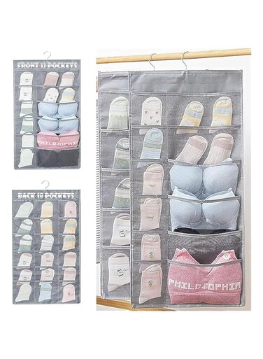 JANNAH Hanging Storage Wardrobe Organizer Closet Hanging Organizer with Mesh Pockets (Grey), KNM-987R3