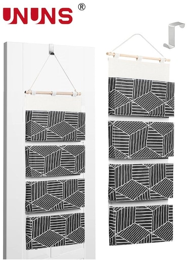 Over Door Hanging Storage Bags,Wall Mount Closet Organizer,4 Big Pockets Linen Cotton Fabric Hanging Shelves,Multi-Functional Organizer For Living Room Bedroom Bathroom File Magazine,Black 80x30cm
