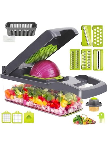 Gadgets Era Vegetable Chopper- Multifunctional 15-in-1,Fruits Cutter Mandoline Slicer Food Chopper with Interchangeable Blades, Colander Basket,Container for Salad Potato Carrot Garli